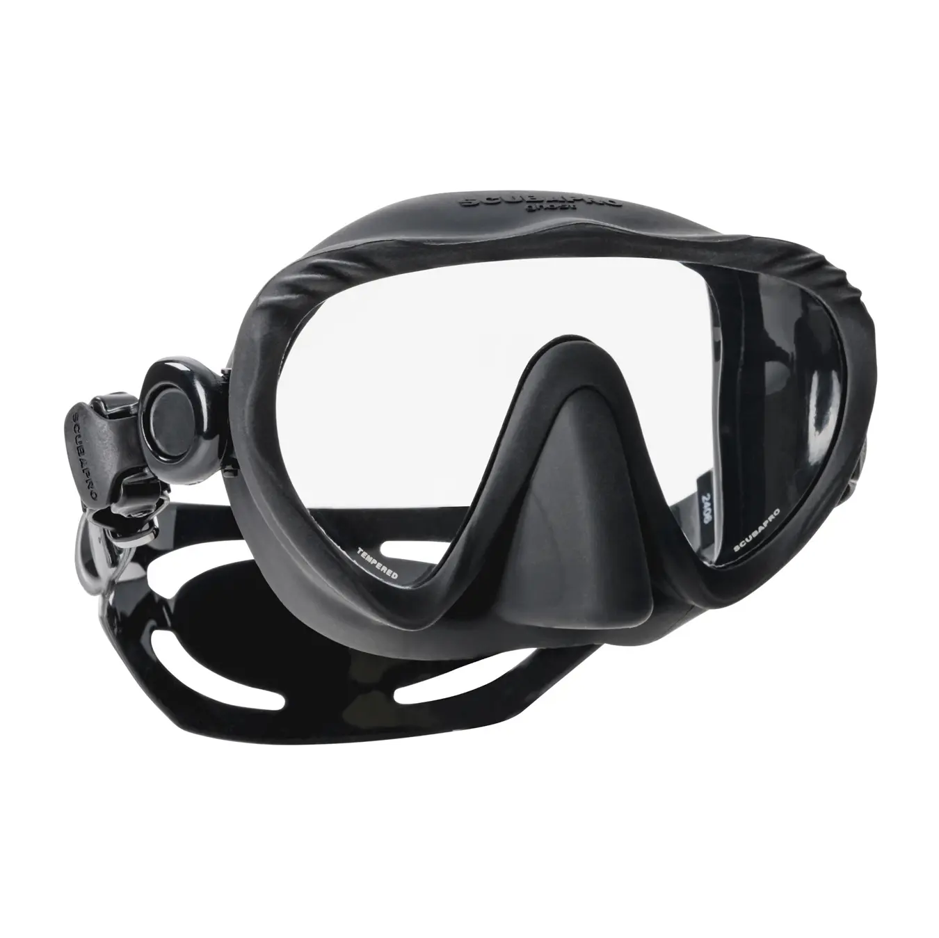 Schwarze Scubapro Ghost rahmenlose Einglas-Tauchmaske in der Produkt-Vorderansicht.