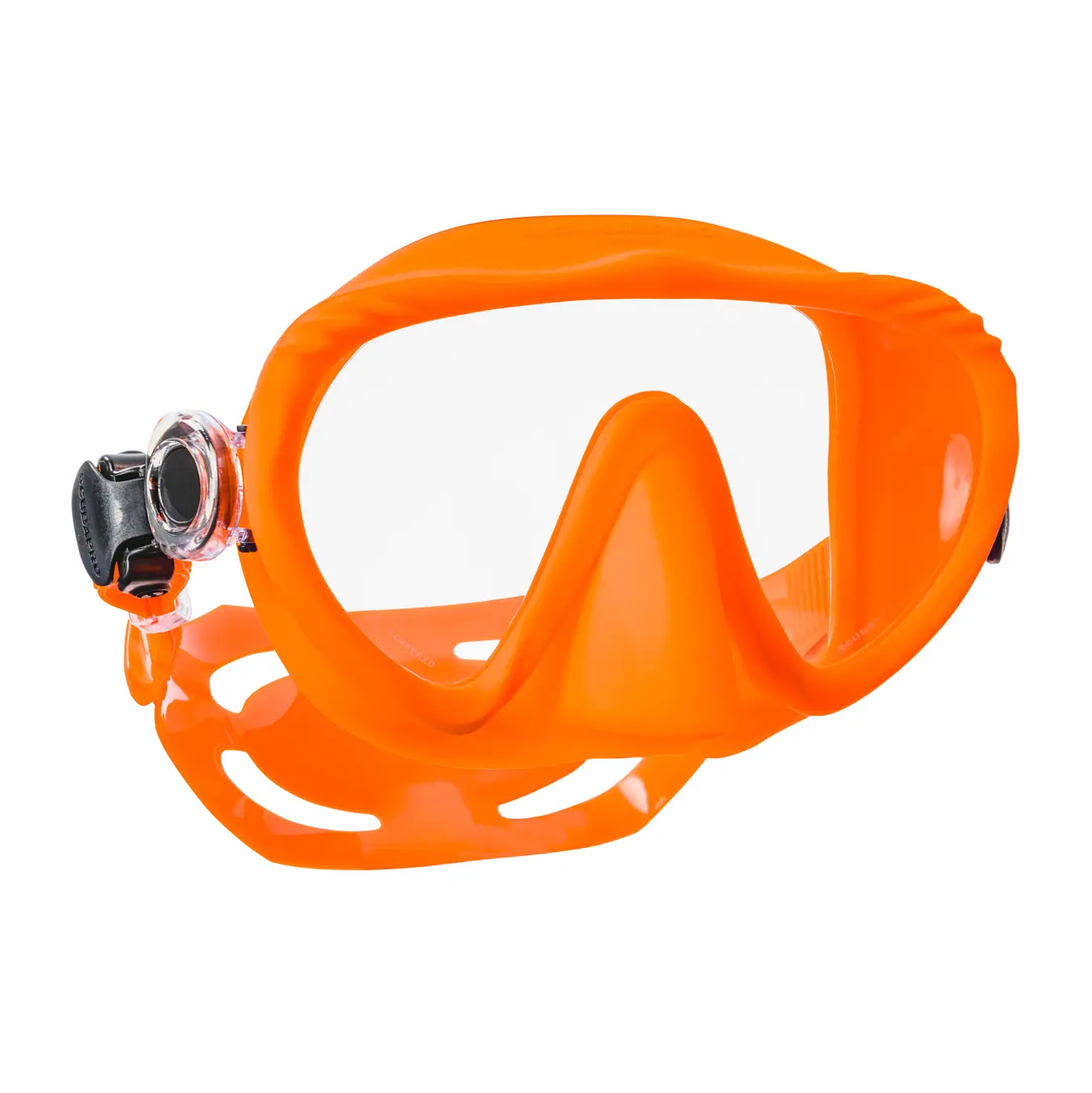 Orange Scubapro Ghost rahmenlose Einglas-Tauchmaske in der Produkt-Vorderansicht.