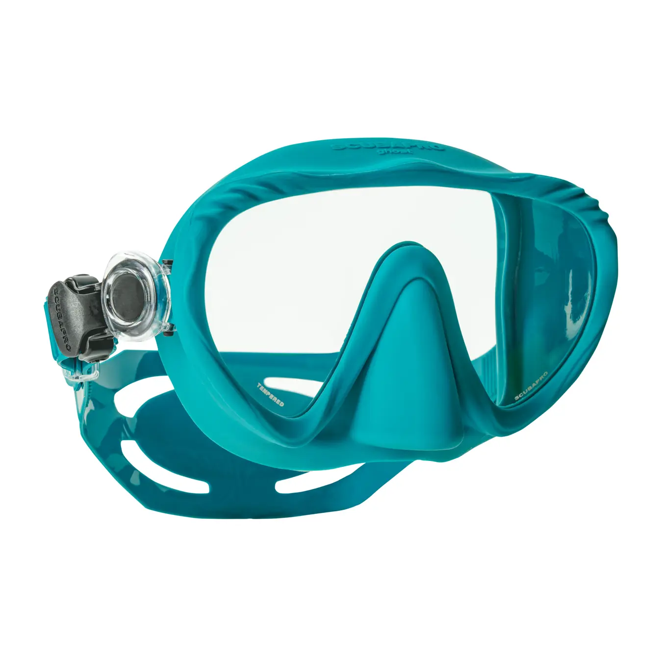 Türkise Scubapro Ghost rahmenlose Einglas-Tauchmaske in der Produkt-Vorderansicht.